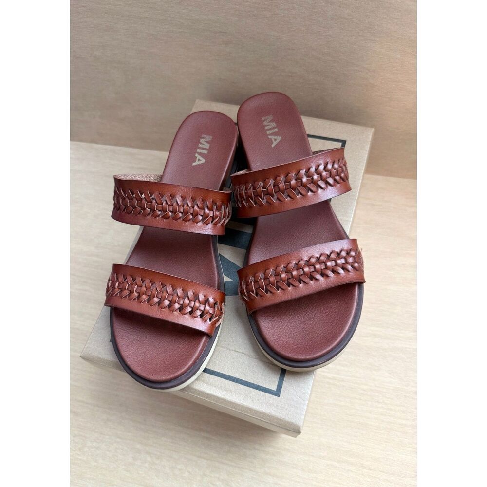 MIA Roima Woven Slide Sandals Cognac Brown Leather Style Platform Womens 8.5